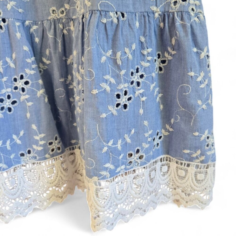 Karen Kane Eyelet Floral Off Shoulder Dress Blue White Lace Trim Large - Picture 6 of 8